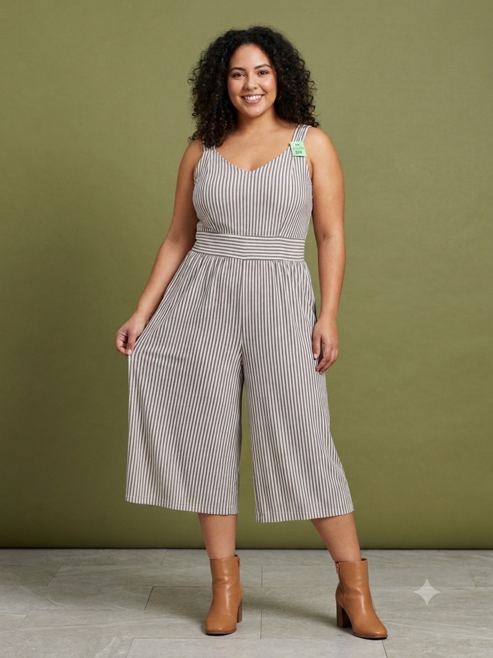 Sleeveless Stripe V-Neck Wide-Leg Jumpsuit in Beige & White size ps (s)